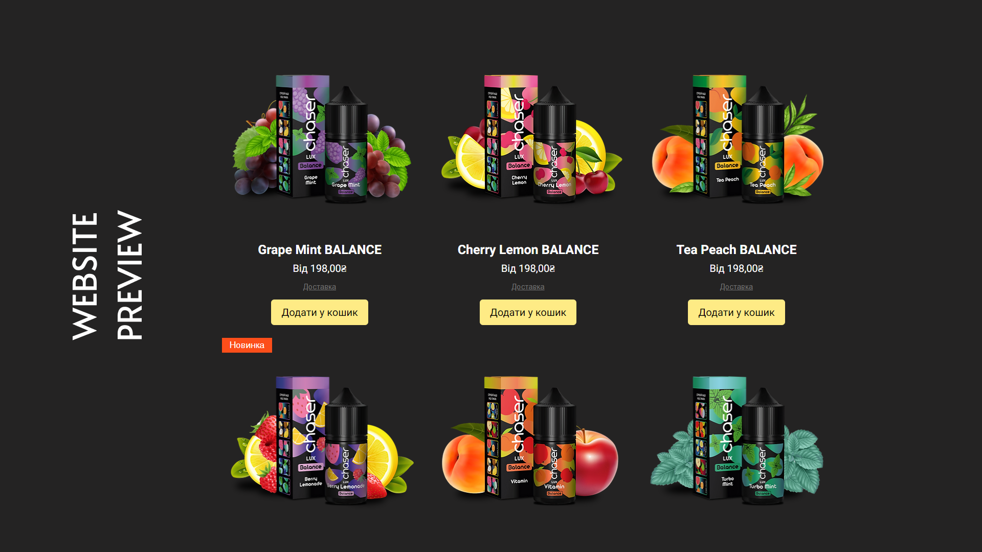 Slide 1 - Website preview showing Chaser e-liquid products
