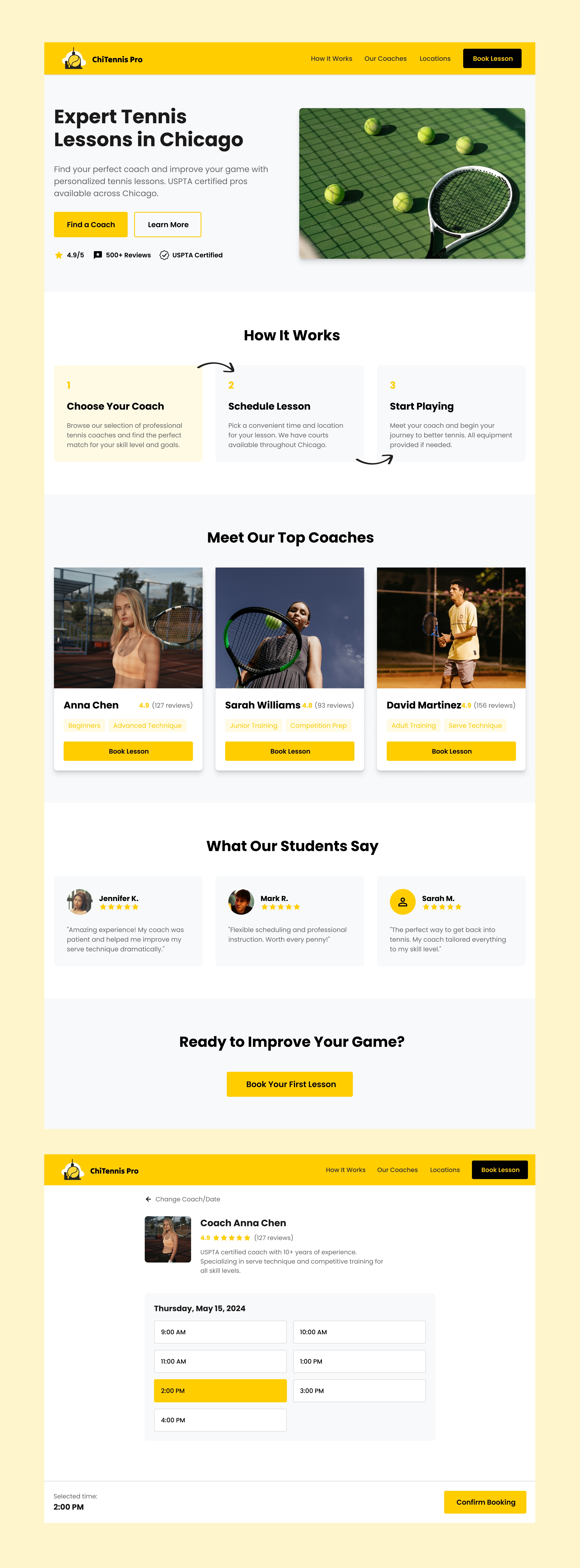 ChiTennis Pro full page design showing various sections