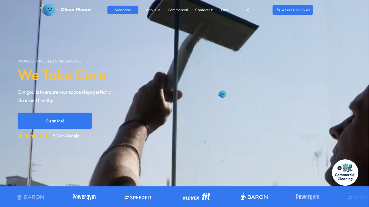 CleanPlanet website hero section showing navigation with Commercial CTA, 'We Take Care' headline, cleaning professional, and partner logos