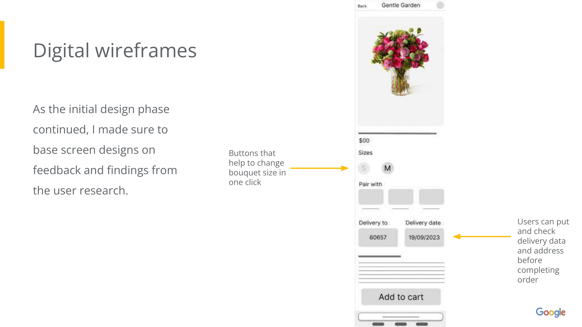 Digital wireframe showing product selection and size options