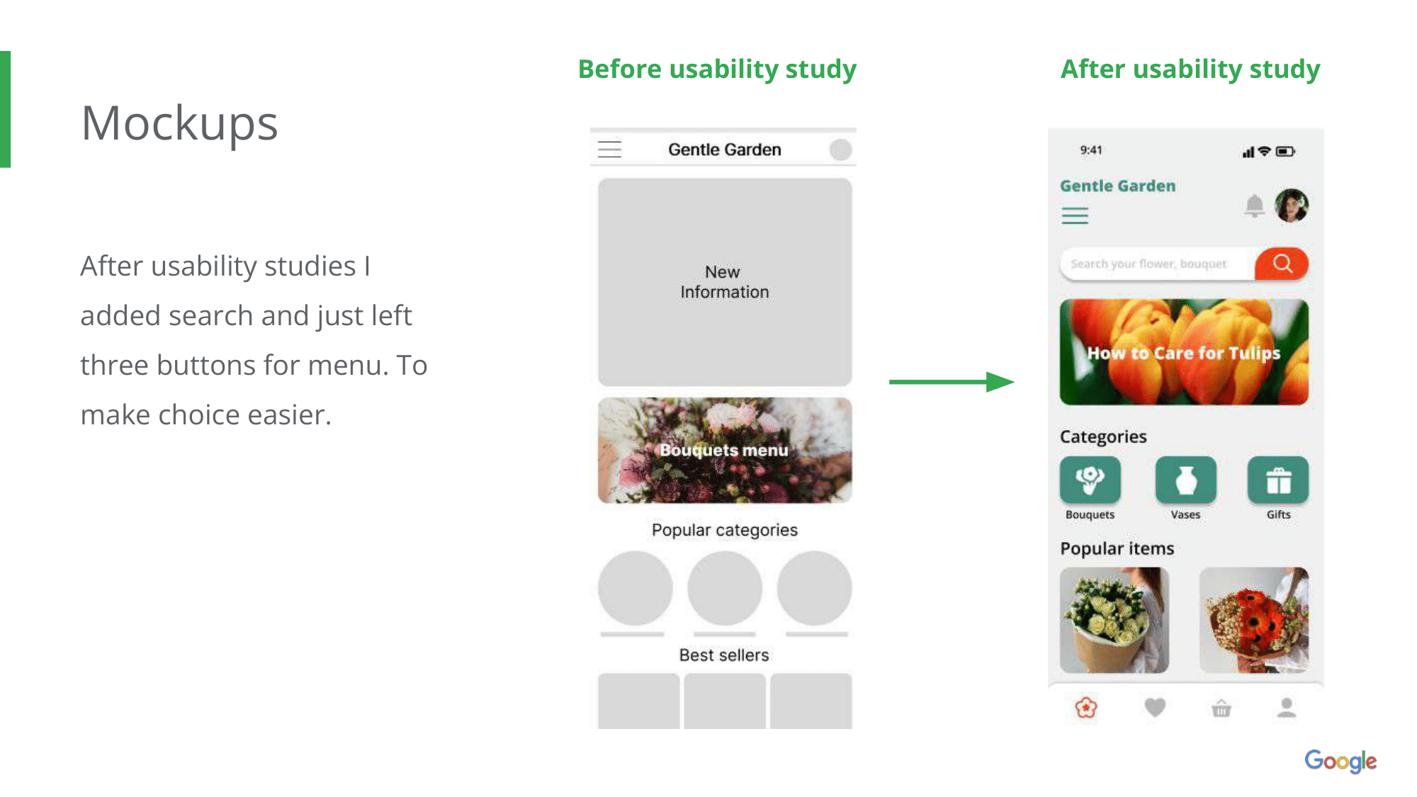 Before and after mockups showing home screen improvements