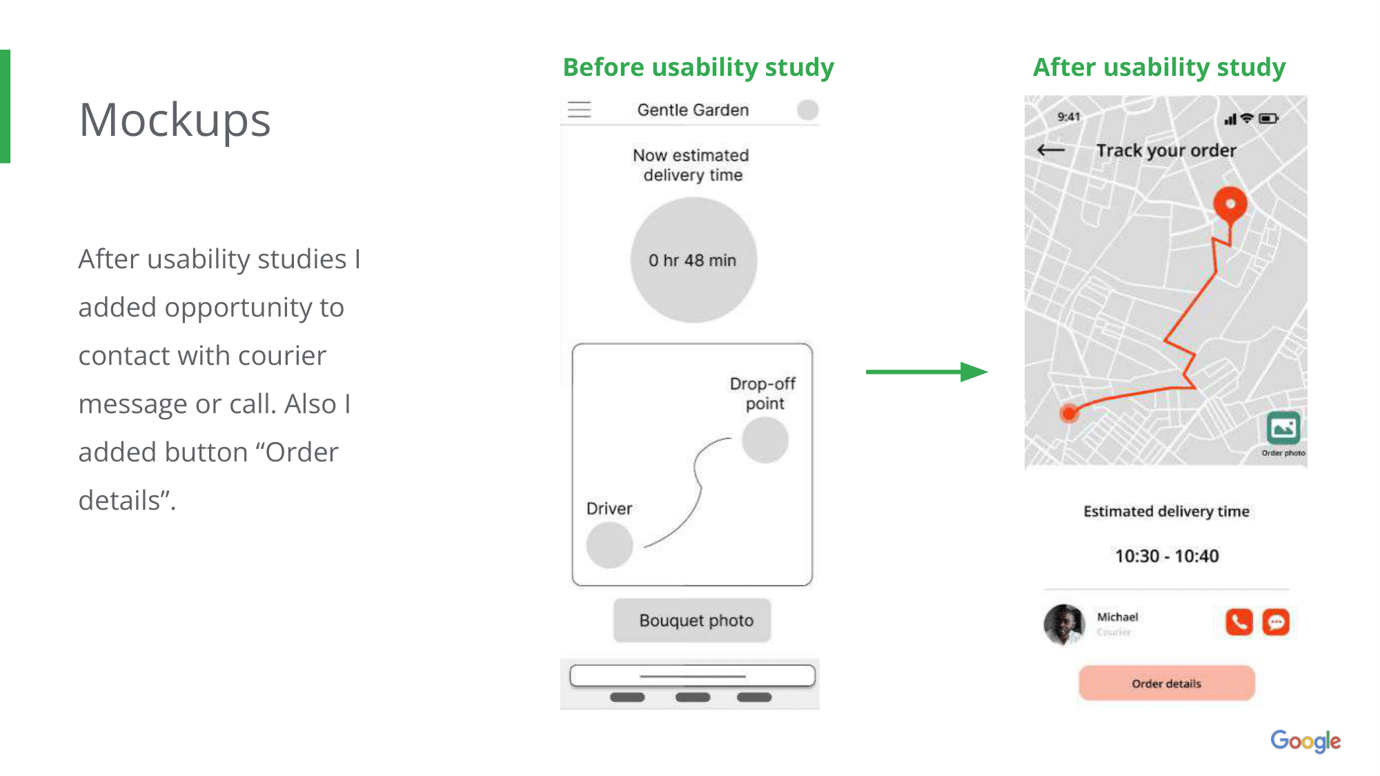 Before and after mockups showing delivery tracking improvements