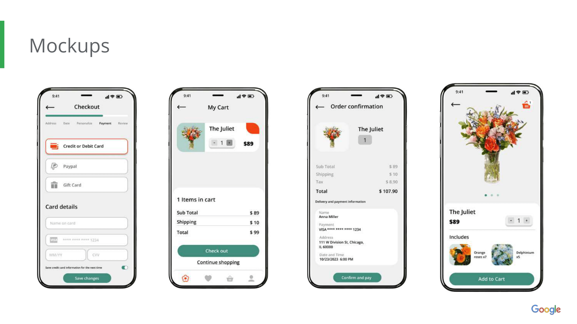 Final mockups showing checkout flow screens