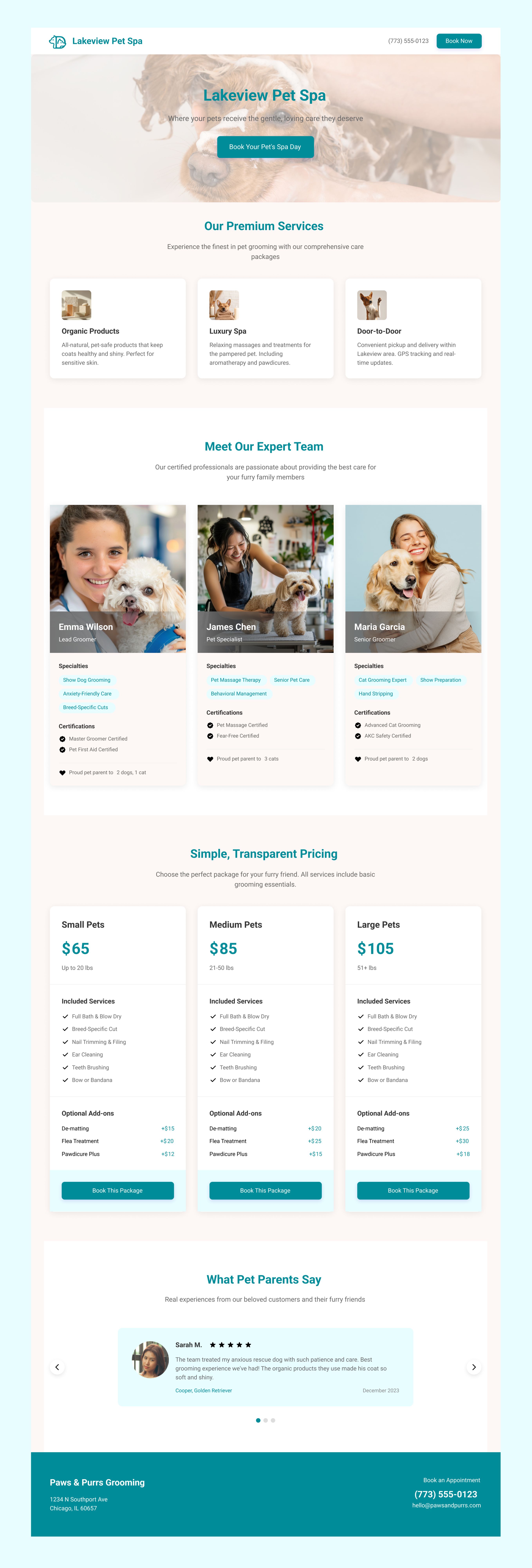 PetGroom Lakeview full page design showing various sections